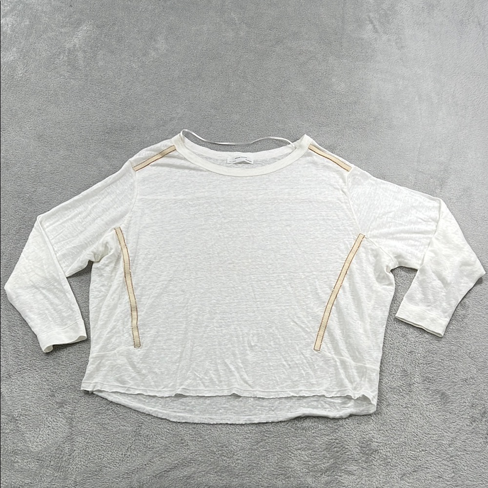 Zara W&B Collection 100% Linen Beaded Women's White Top with Tan Accents